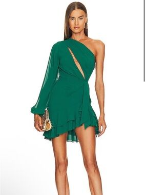REVOLVE One-Shoulder Emerald Green Ruffle Mini Dress